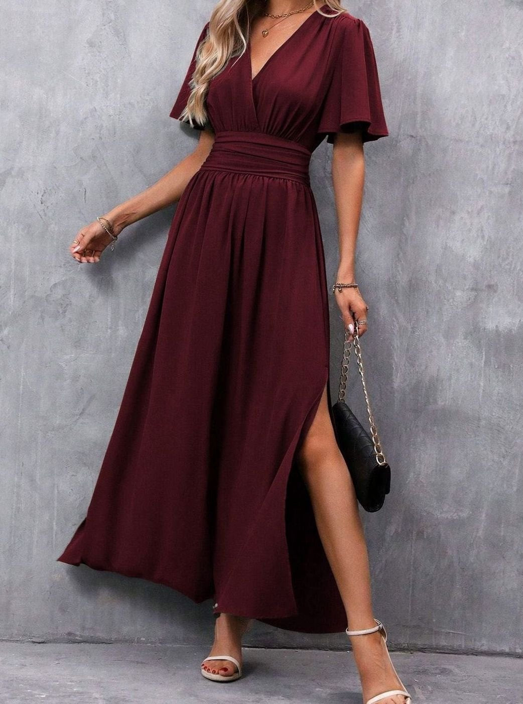 Women's Flutter Sleeve V-Neck High-Waist Maxi Dress with Side Slit