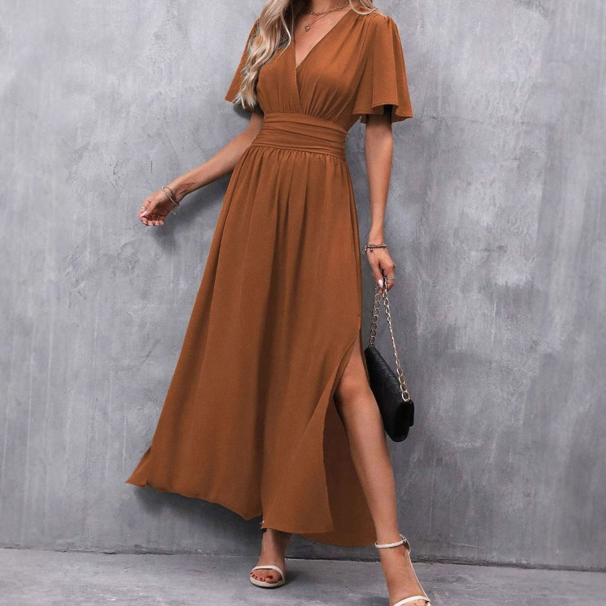 Women's Flutter Sleeve V-Neck High-Waist Maxi Dress with Side Slit