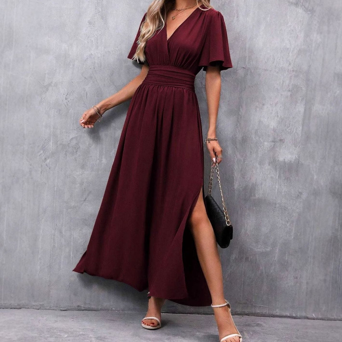 Women's Flutter Sleeve V-Neck High-Waist Maxi Dress with Side Slit