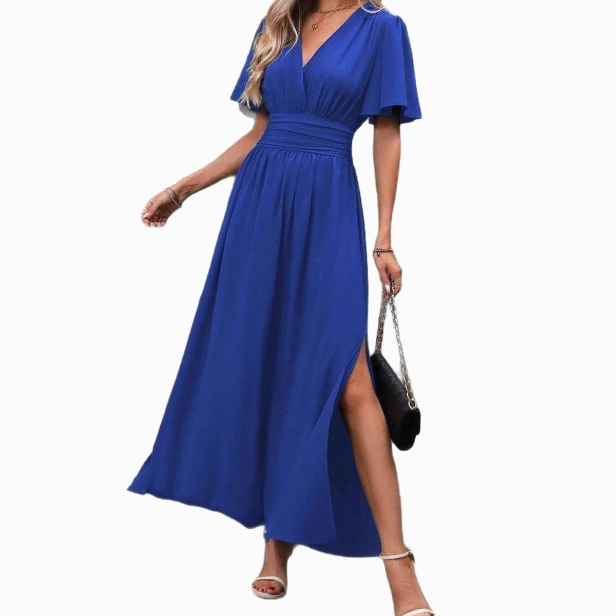 Women's Flutter Sleeve V-Neck High-Waist Maxi Dress with Side Slit