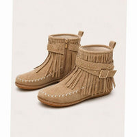 Women's Fringe Moccasin Flat Ankle Boots with Buckle Strap and Side Zip