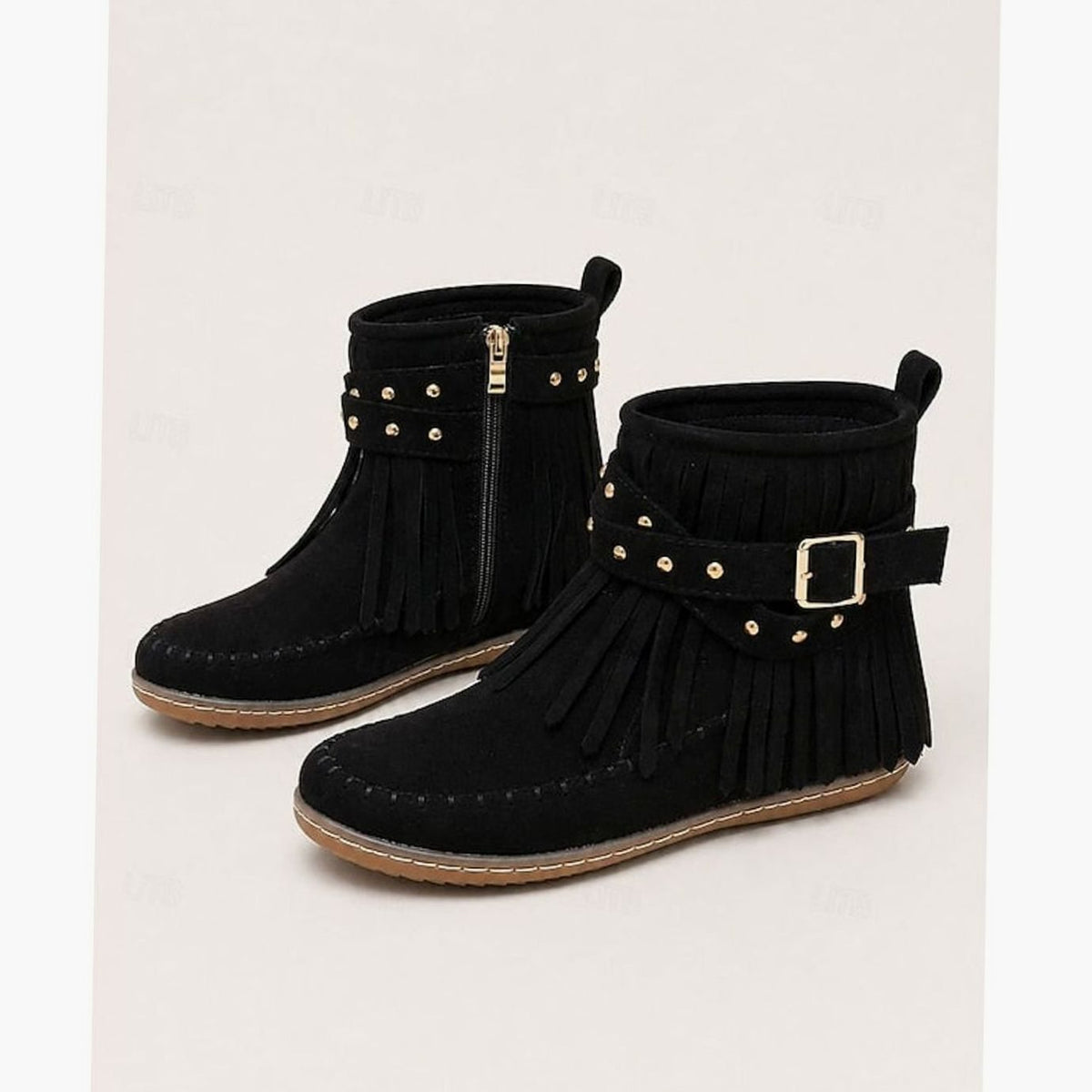 Women's Fringe Moccasin Flat Ankle Boots with Buckle Strap and Side Zip