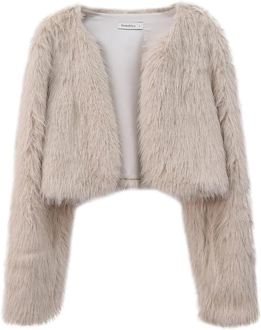 Veste courte glamour en fausse fourrure à manches amples pour femme