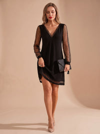 Women's Glitter Mesh Long-Sleeve V-Neck Christmas Party Dress