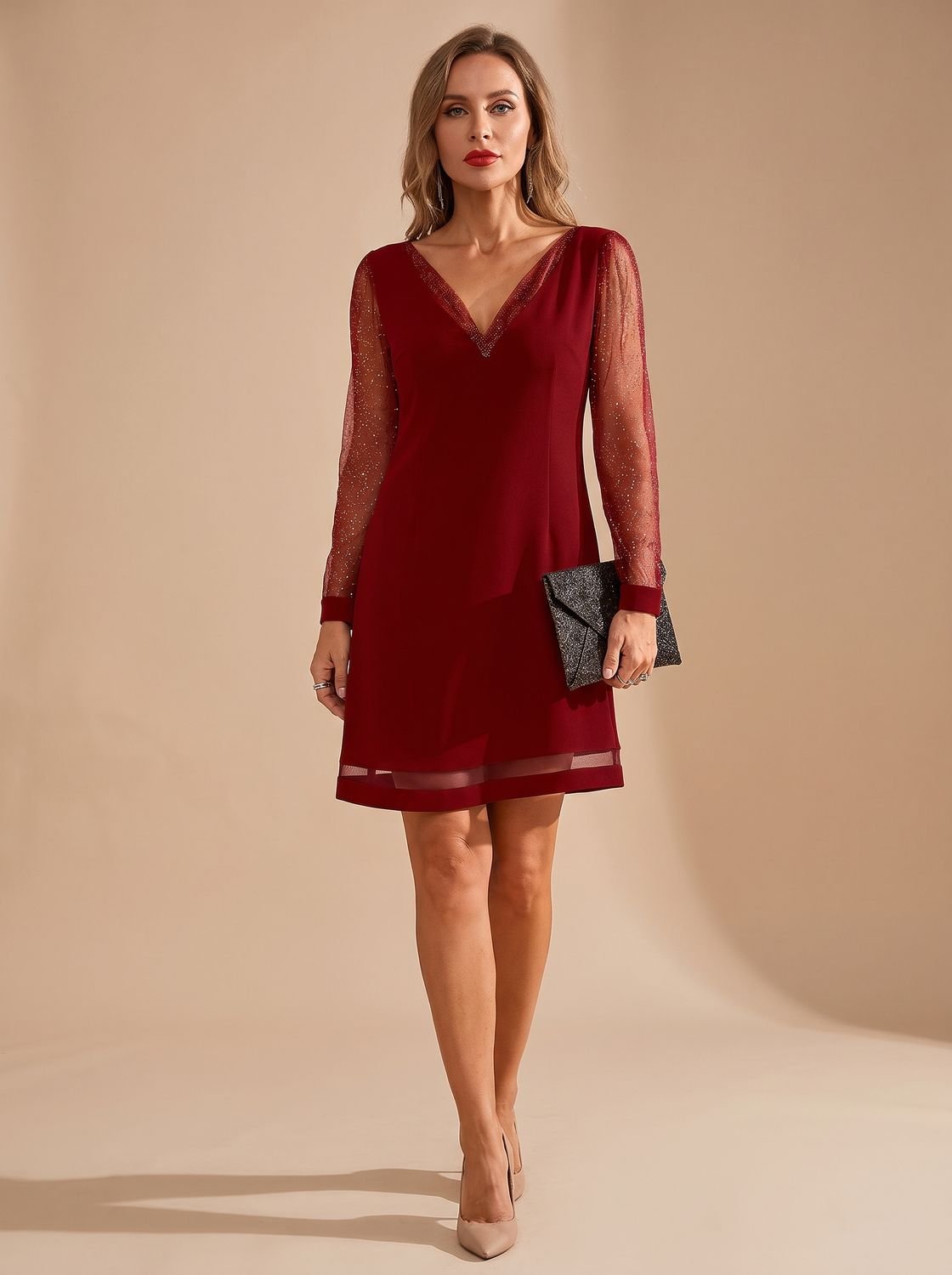 Women's Glitter Mesh Long-Sleeve V-Neck Christmas Party Dress