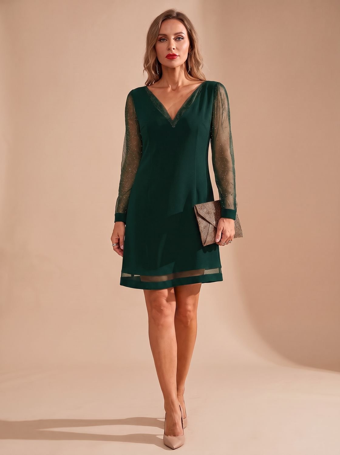 Women's Glitter Mesh Long-Sleeve V-Neck Christmas Party Dress
