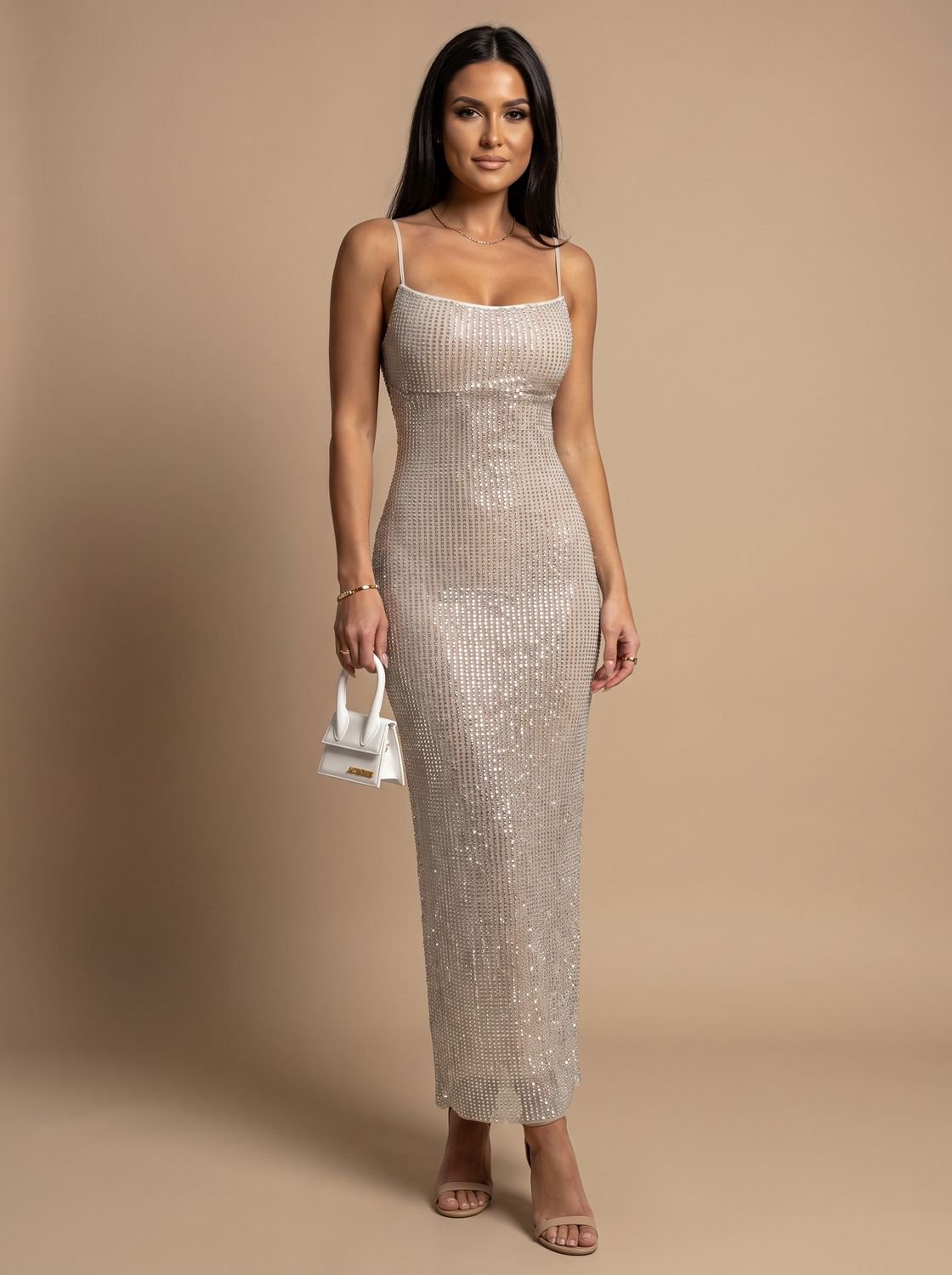 Robe de soirée de Noël dorée pailletée pour femme, à bretelles spaghetti
