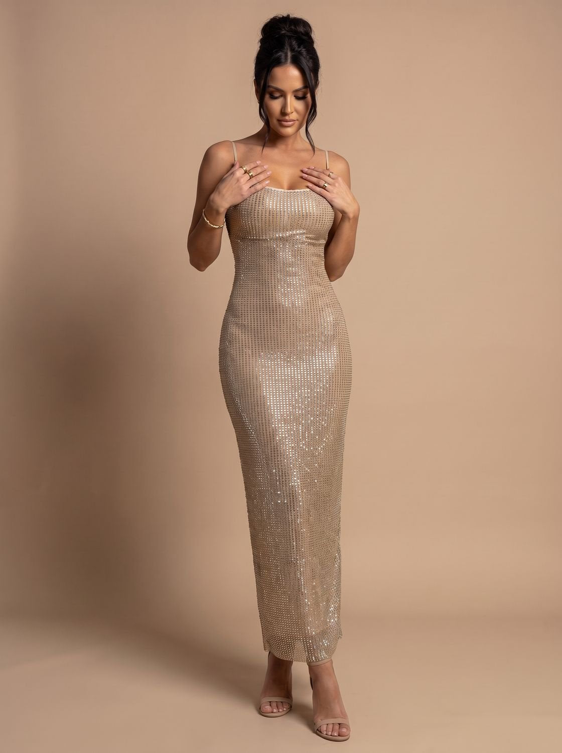 Robe de soirée de Noël dorée pailletée pour femme, à bretelles spaghetti