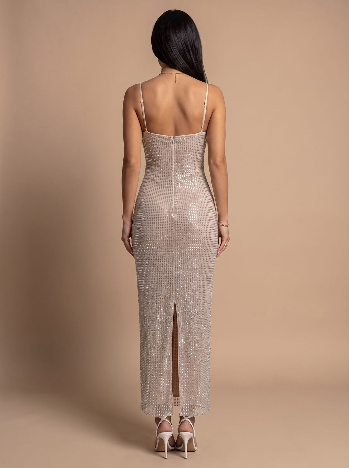 Robe de soirée de Noël dorée pailletée pour femme, à bretelles spaghetti