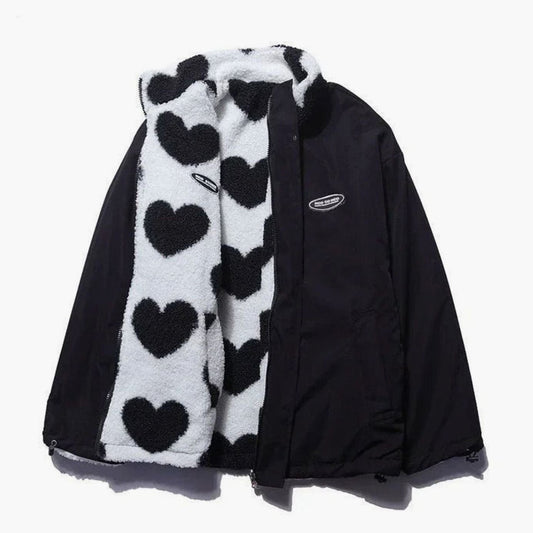 Veste polaire zippée en sherpa pour femme, avec imprimé cœurs