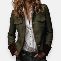 Women's Herringbone Tweed Utility Jacket Gold Button Outerwear
