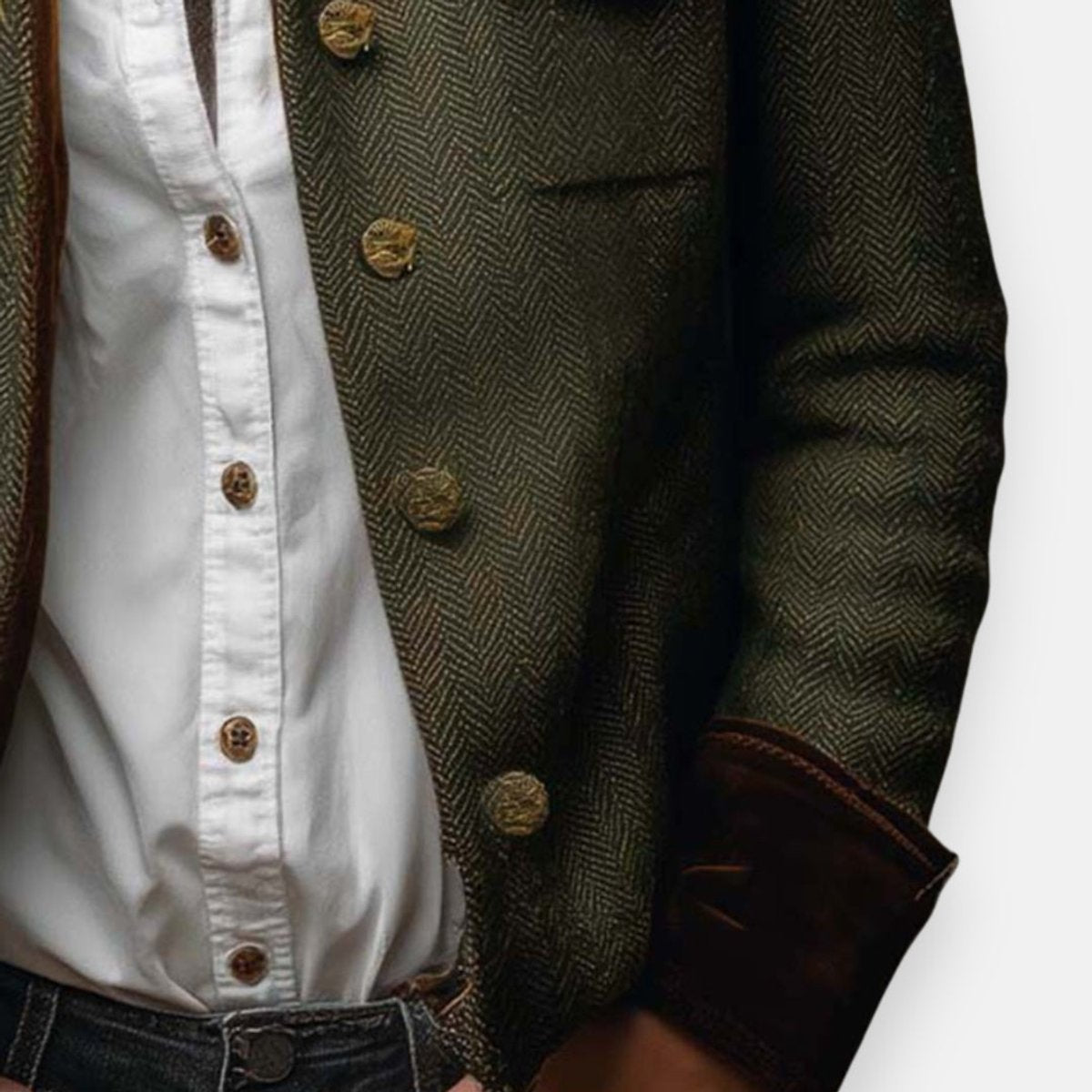 Women's Herringbone Tweed Utility Jacket Gold Button Outerwear