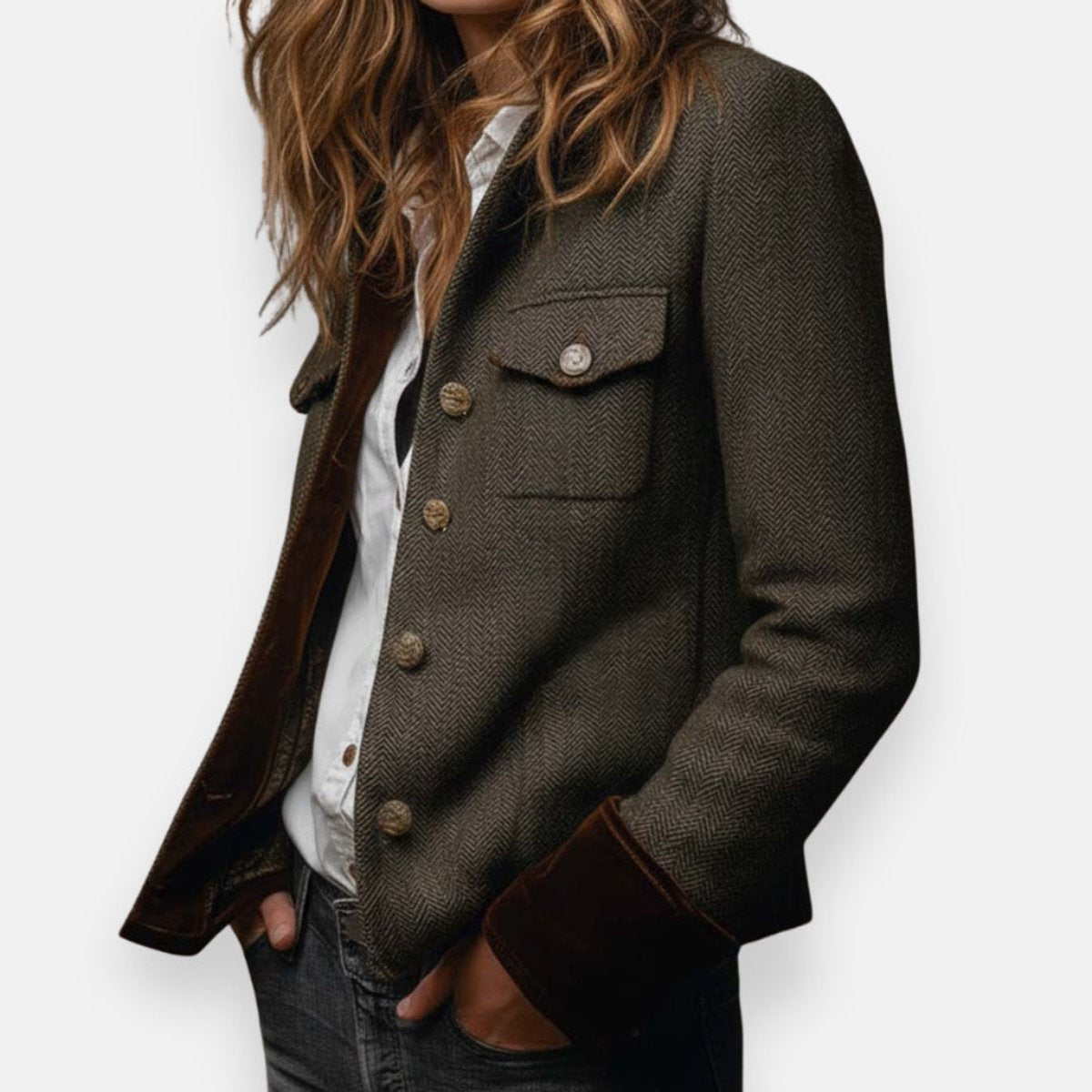 Women's Herringbone Tweed Utility Jacket Gold Button Outerwear