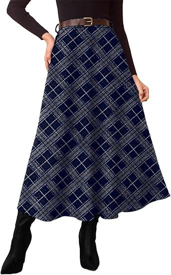 Women's High-Waist Checked A-Line Midi Skirt with Side Pockets