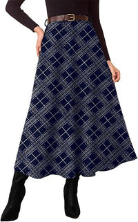 Women's High-Waist Checked A-Line Midi Skirt with Side Pockets