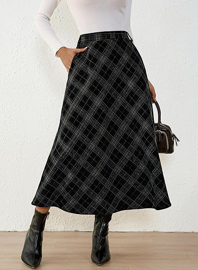 Women's High-Waist Checked A-Line Midi Skirt with Side Pockets