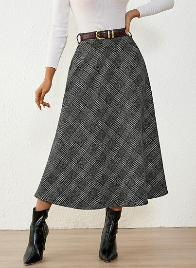 Women's High-Waist Checked A-Line Midi Skirt with Side Pockets