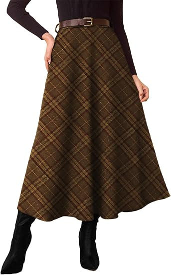 Women's High-Waist Checked A-Line Midi Skirt with Side Pockets