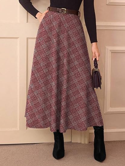 Women's High-Waist Checked A-Line Midi Skirt with Side Pockets