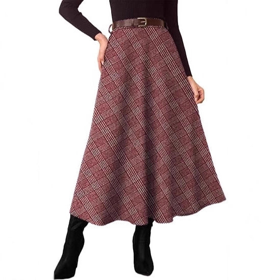 Women's High-Waist Checked A-Line Midi Skirt with Side Pockets