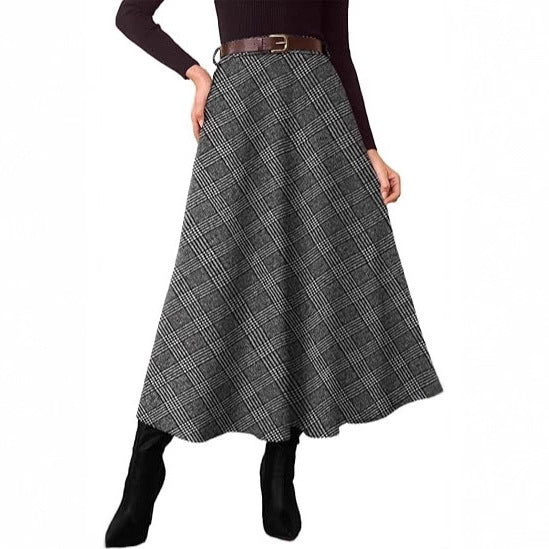 Women's High-Waist Checked A-Line Midi Skirt with Side Pockets