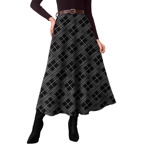 Women's High-Waist Checked A-Line Midi Skirt with Side Pockets