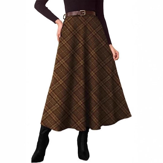 Women's High-Waist Checked A-Line Midi Skirt with Side Pockets