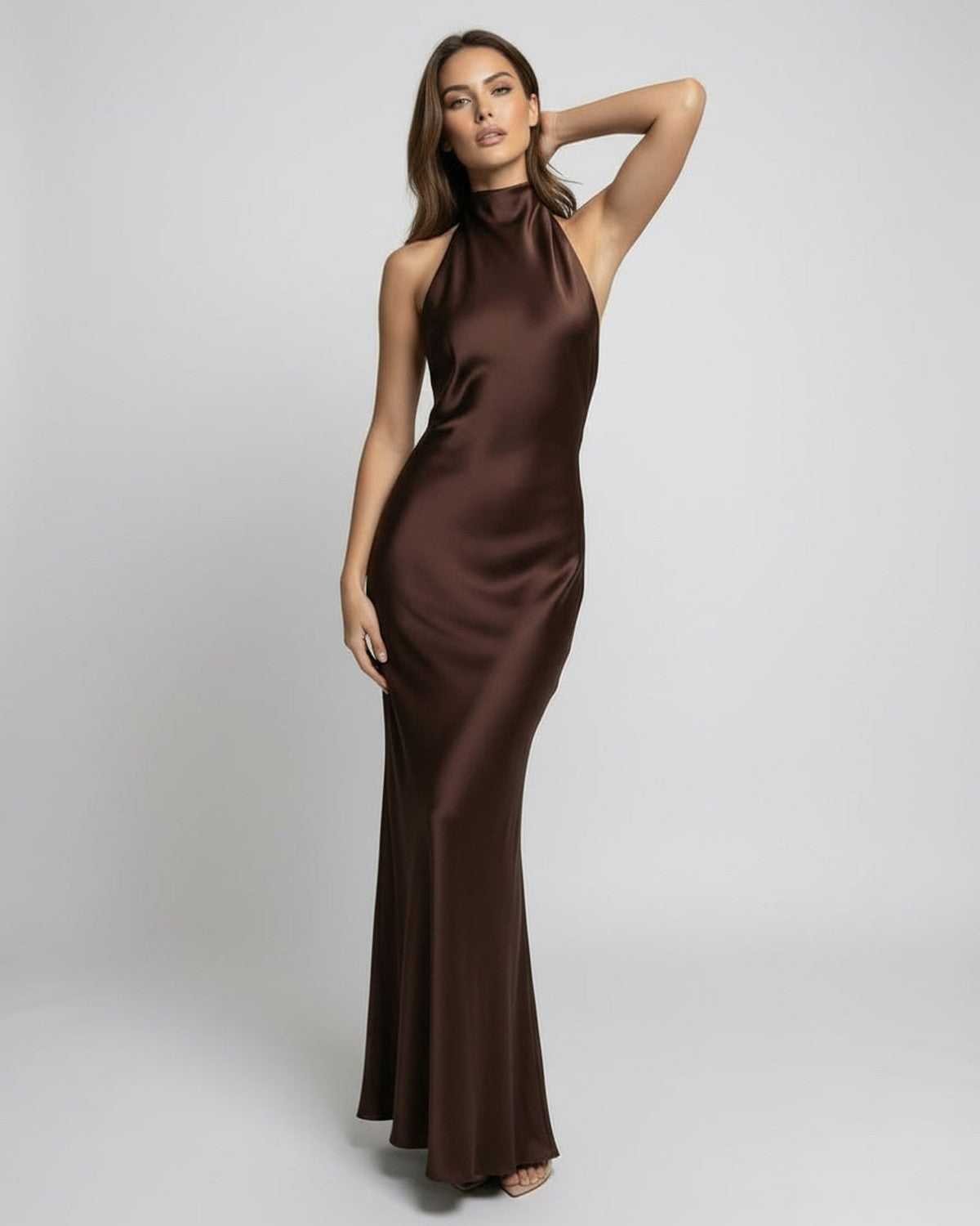 Women's High-Waist Satin Maxi Dress with Halter Neck