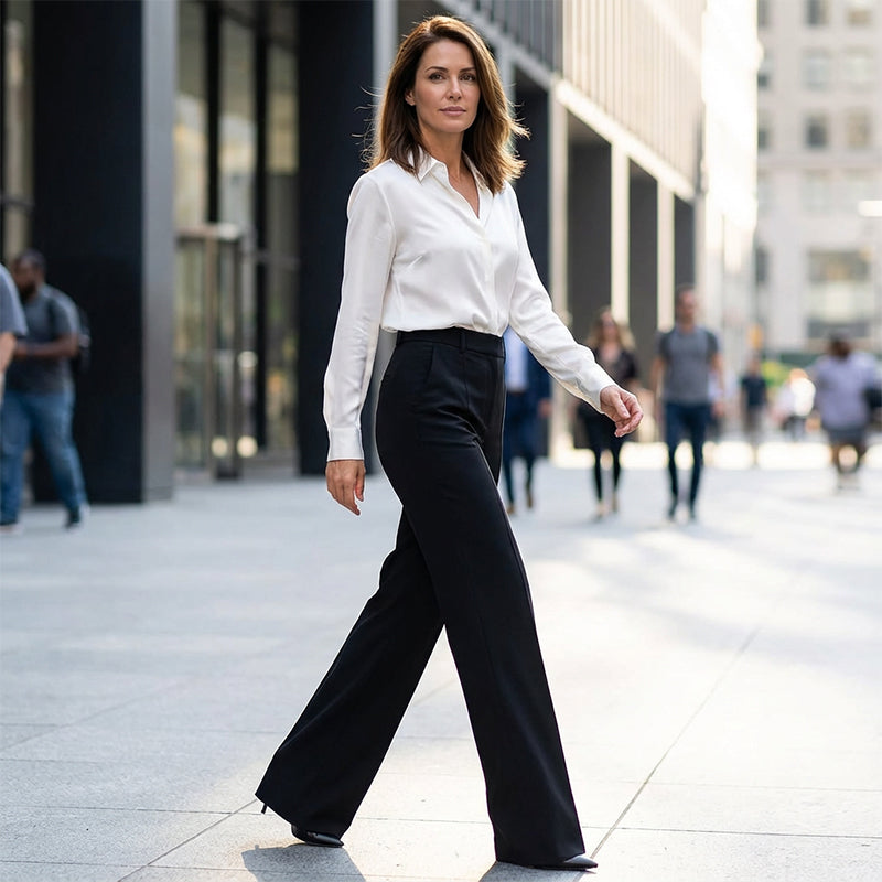 Pantalon habillé droit taille haute pour femme avec pli marqué