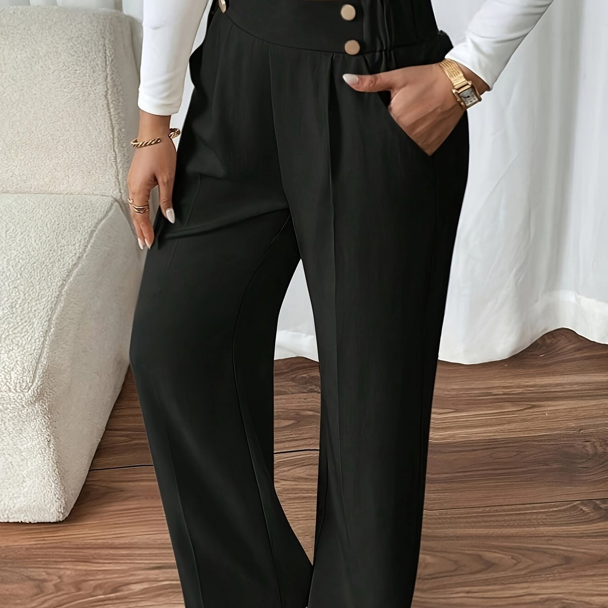 Women's High-Waist Wide-Leg Trousers with Button Detail