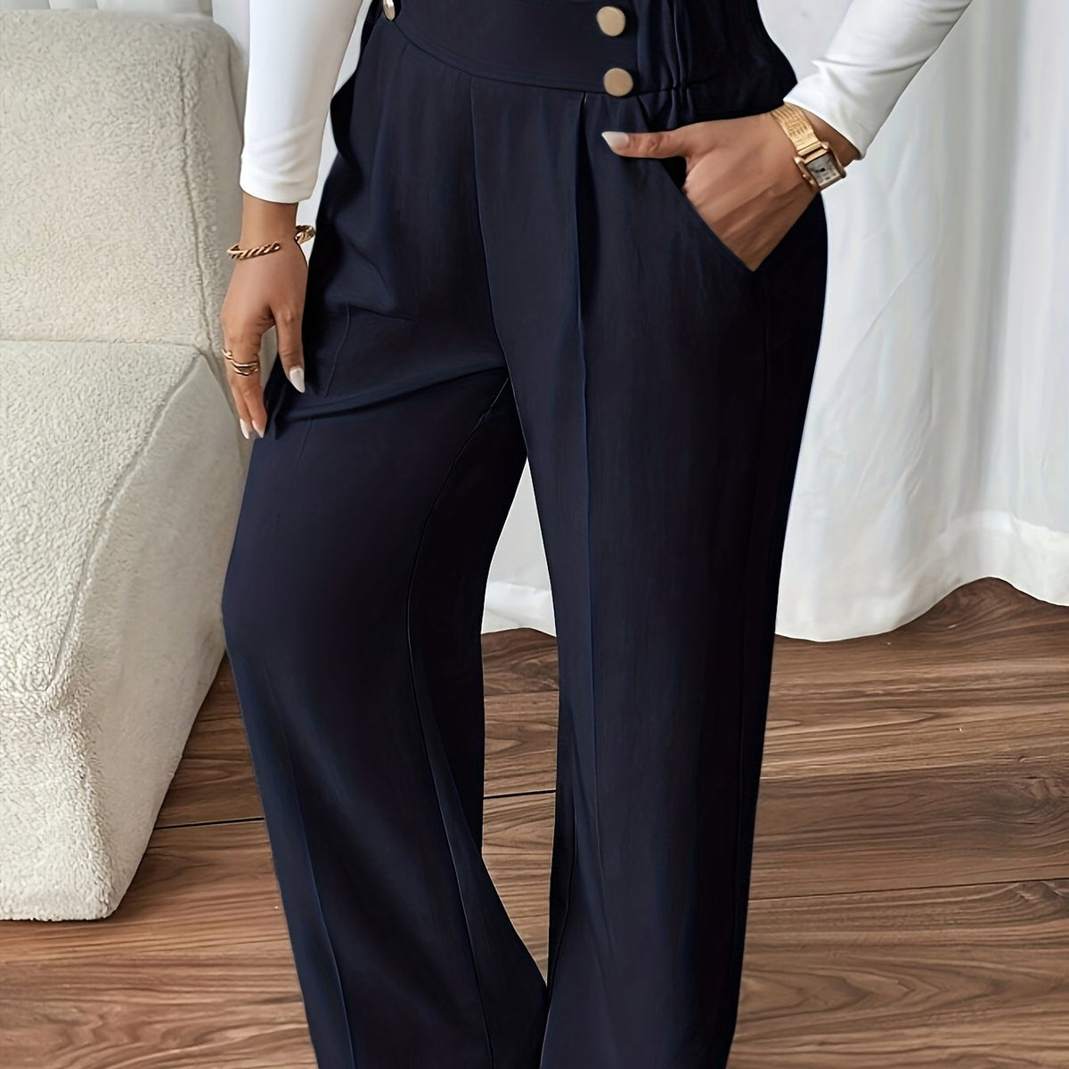 Women's High-Waist Wide-Leg Trousers with Button Detail