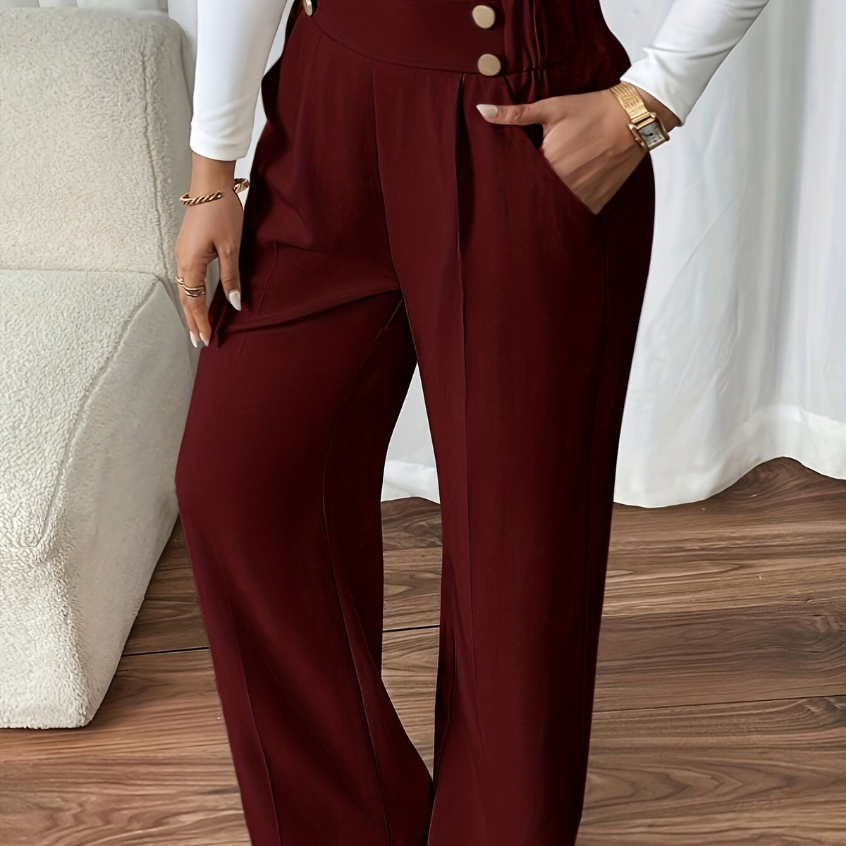 Women's High-Waist Wide-Leg Trousers with Button Detail