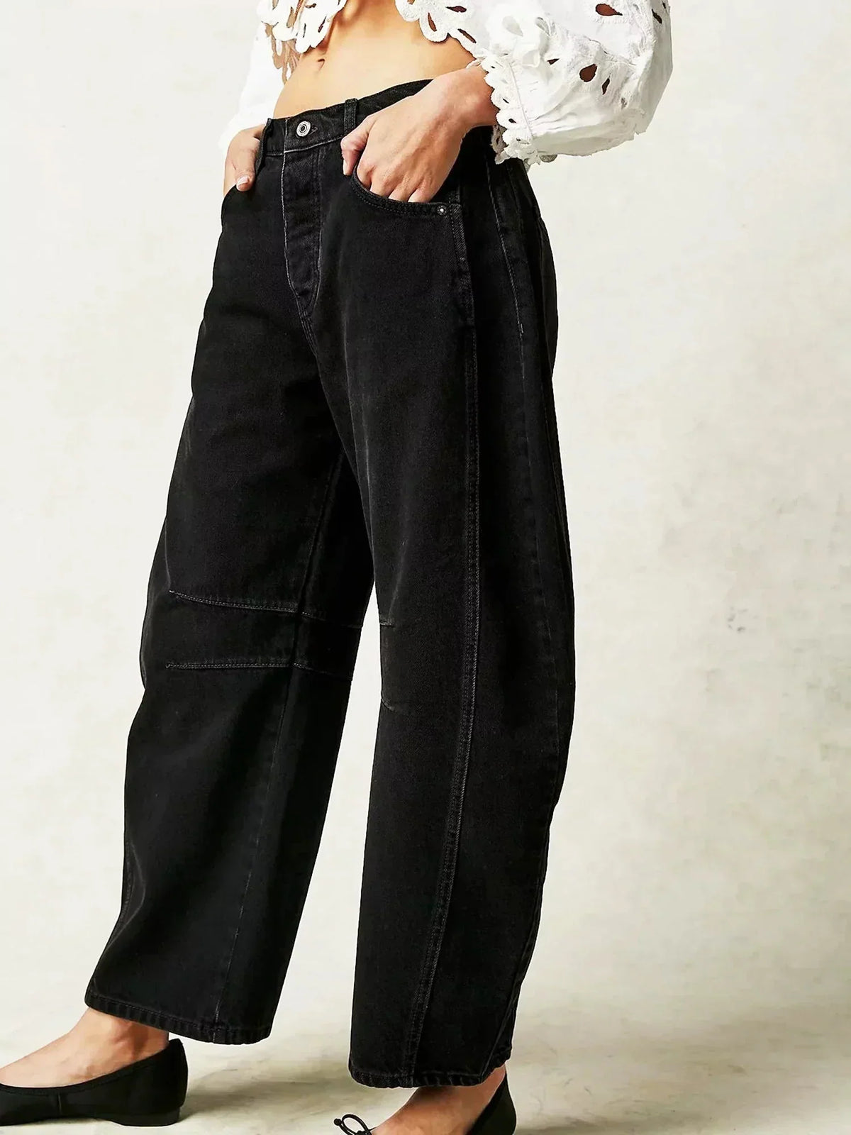 Jean tonneau boutonné taille haute pour femme