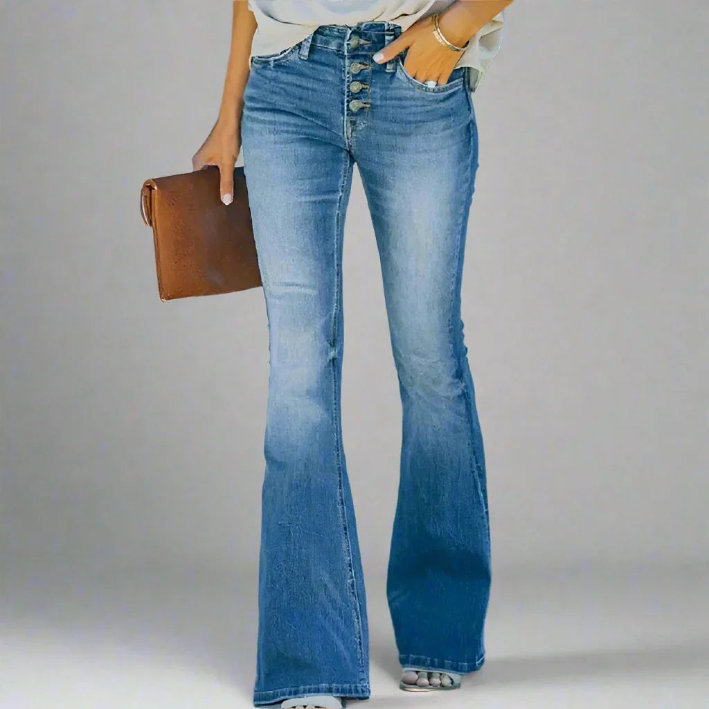 Women's High-Waisted Button-Fly Stretch Denim Flare Jeans