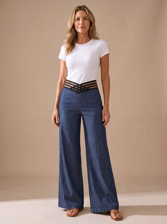 Pantalon large pour femme à taille haute et ceinture croisée