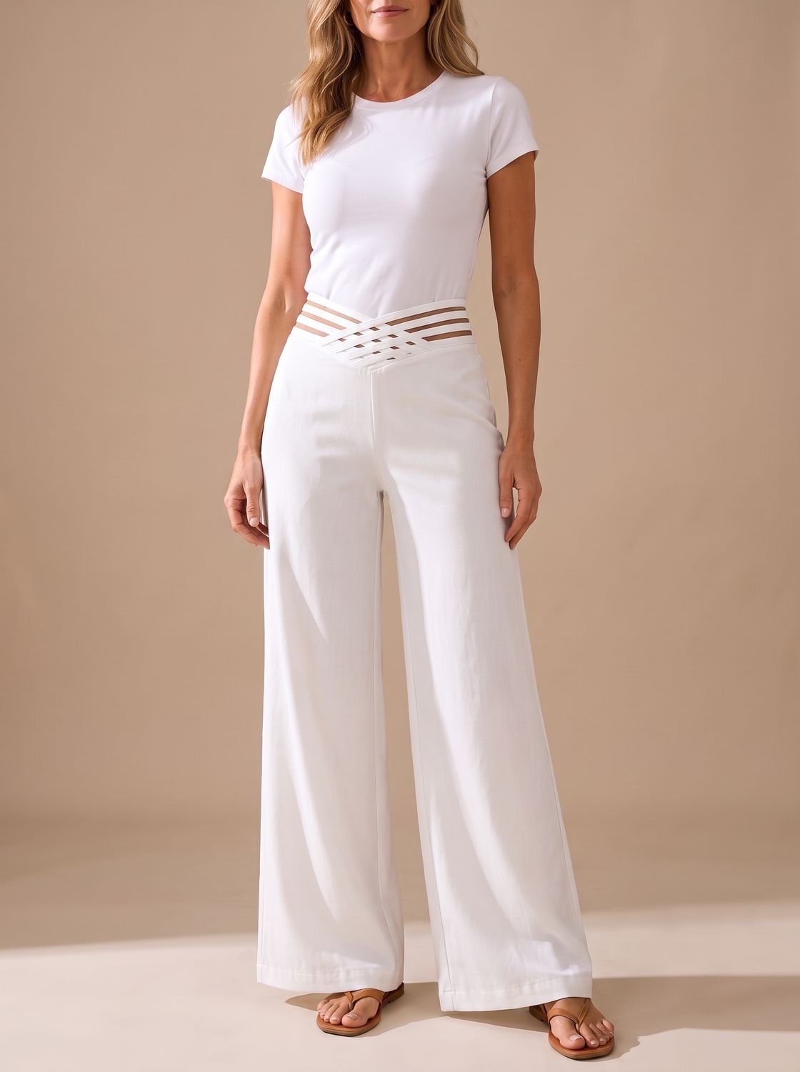Pantalon large pour femme à taille haute et ceinture croisée