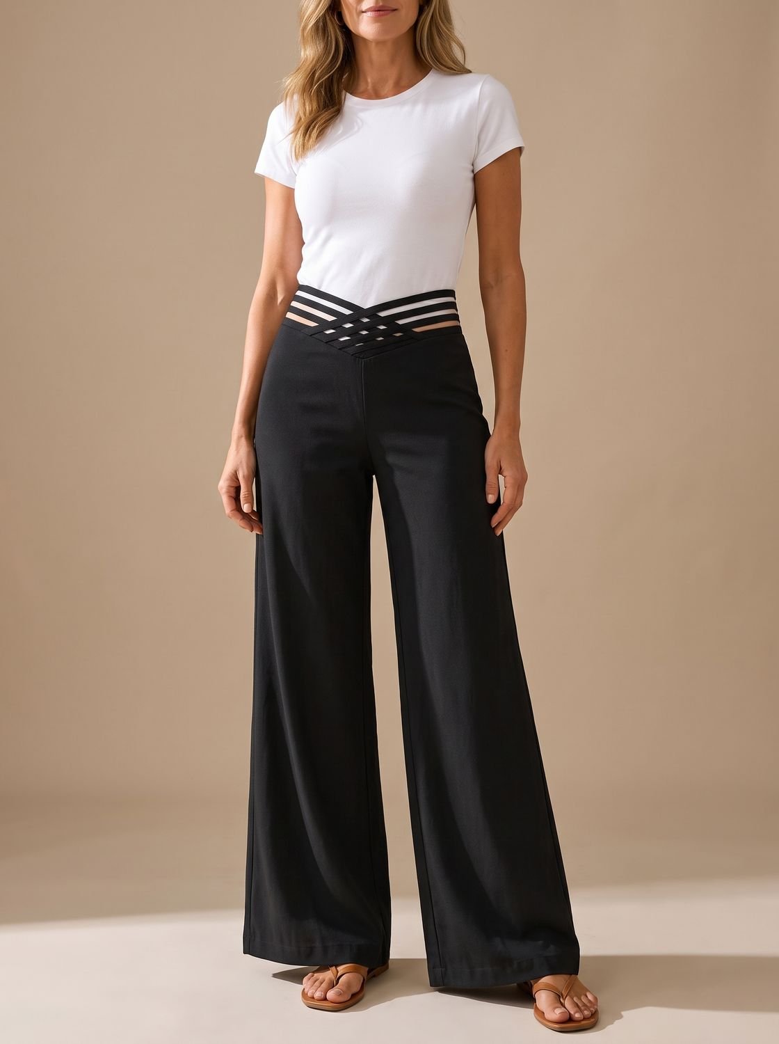 Pantalon large pour femme à taille haute et ceinture croisée
