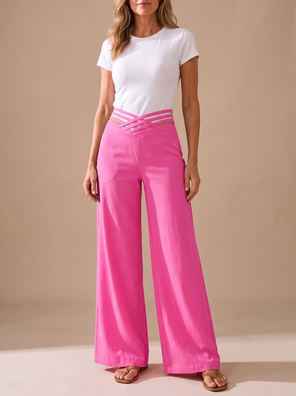 Pantalon large pour femme à taille haute et ceinture croisée