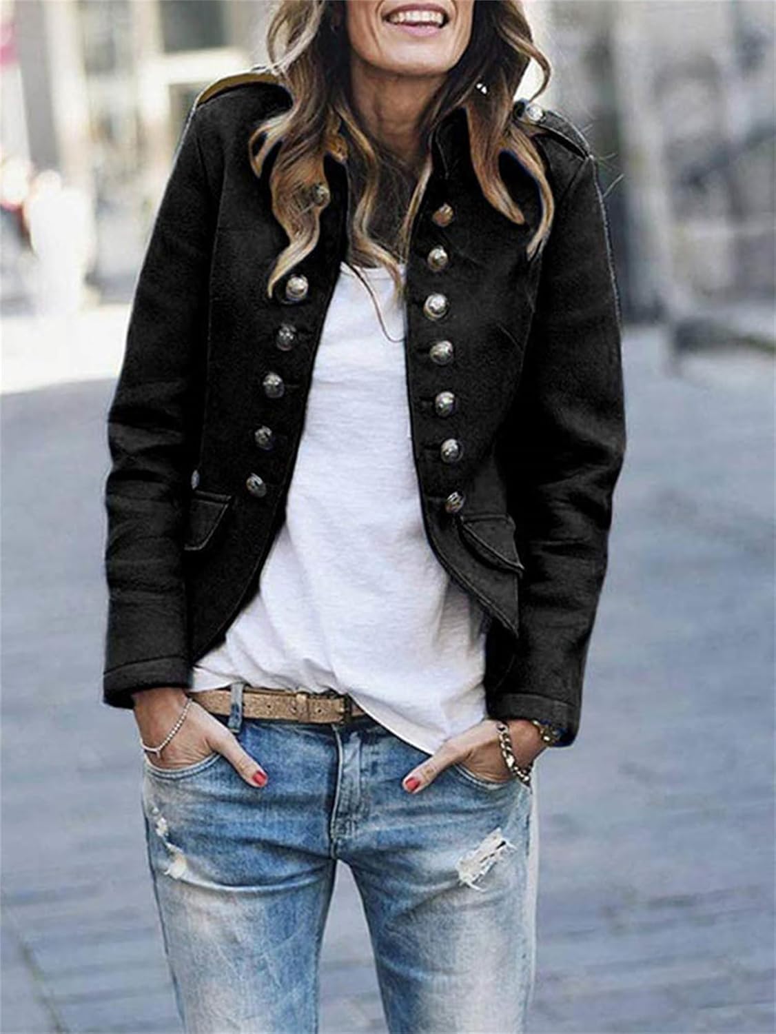 Women's Hip-Length Military-Style Jacket with Epaulettes