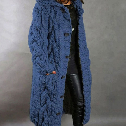 Women's Hooded Cable-Knit Long Button-Front Cardigan Sweater Coat