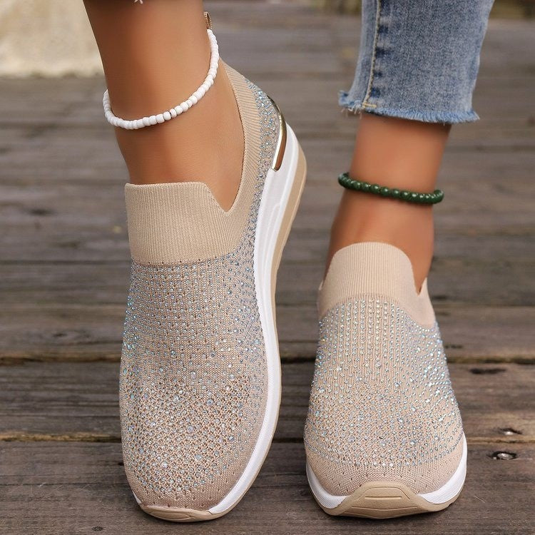 Baskets à enfiler en maille pour femme, avec bordure en strass, ouverture élastique et semelle compensée rembourrée