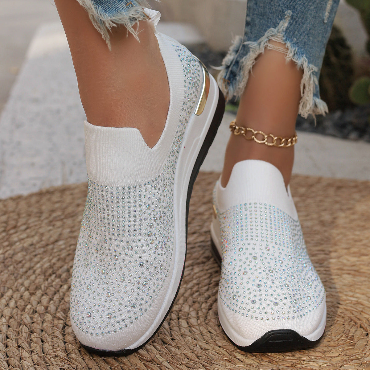 Baskets à enfiler en maille pour femme, avec bordure en strass, ouverture élastique et semelle compensée rembourrée