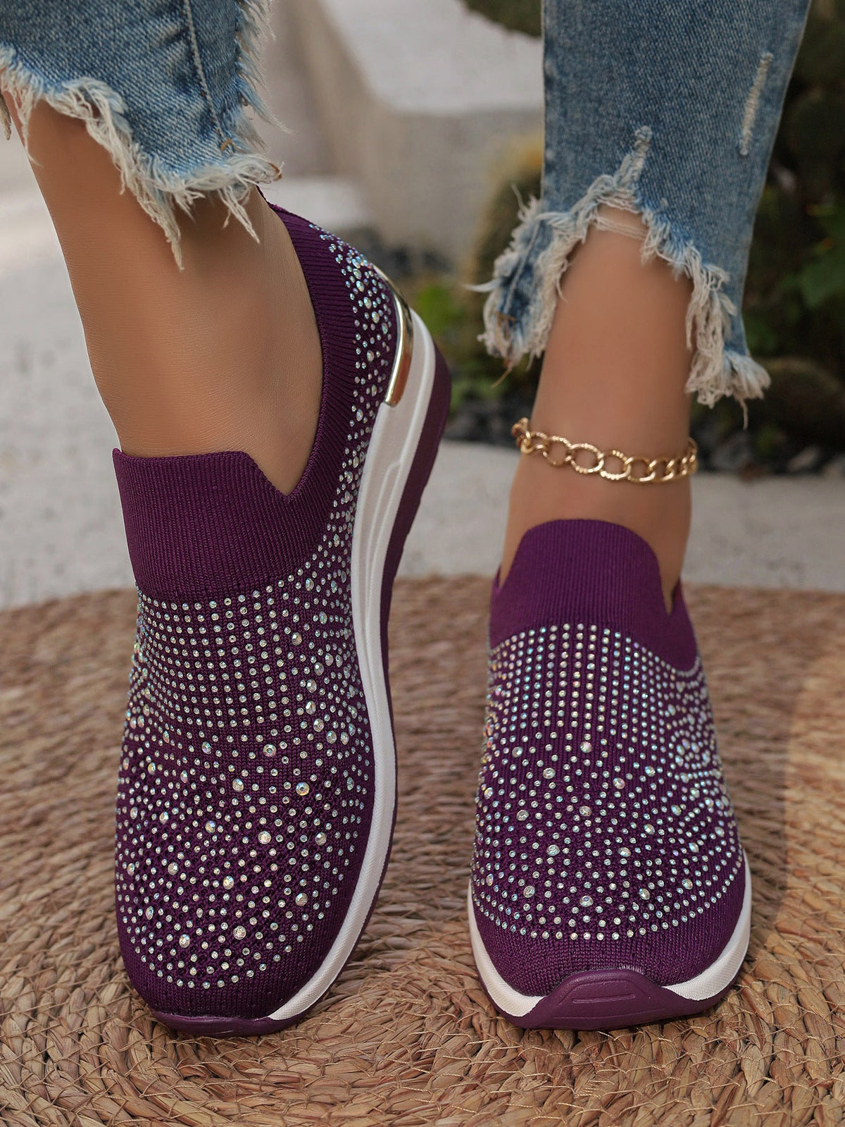 Baskets à enfiler en maille pour femme, avec bordure en strass, ouverture élastique et semelle compensée rembourrée