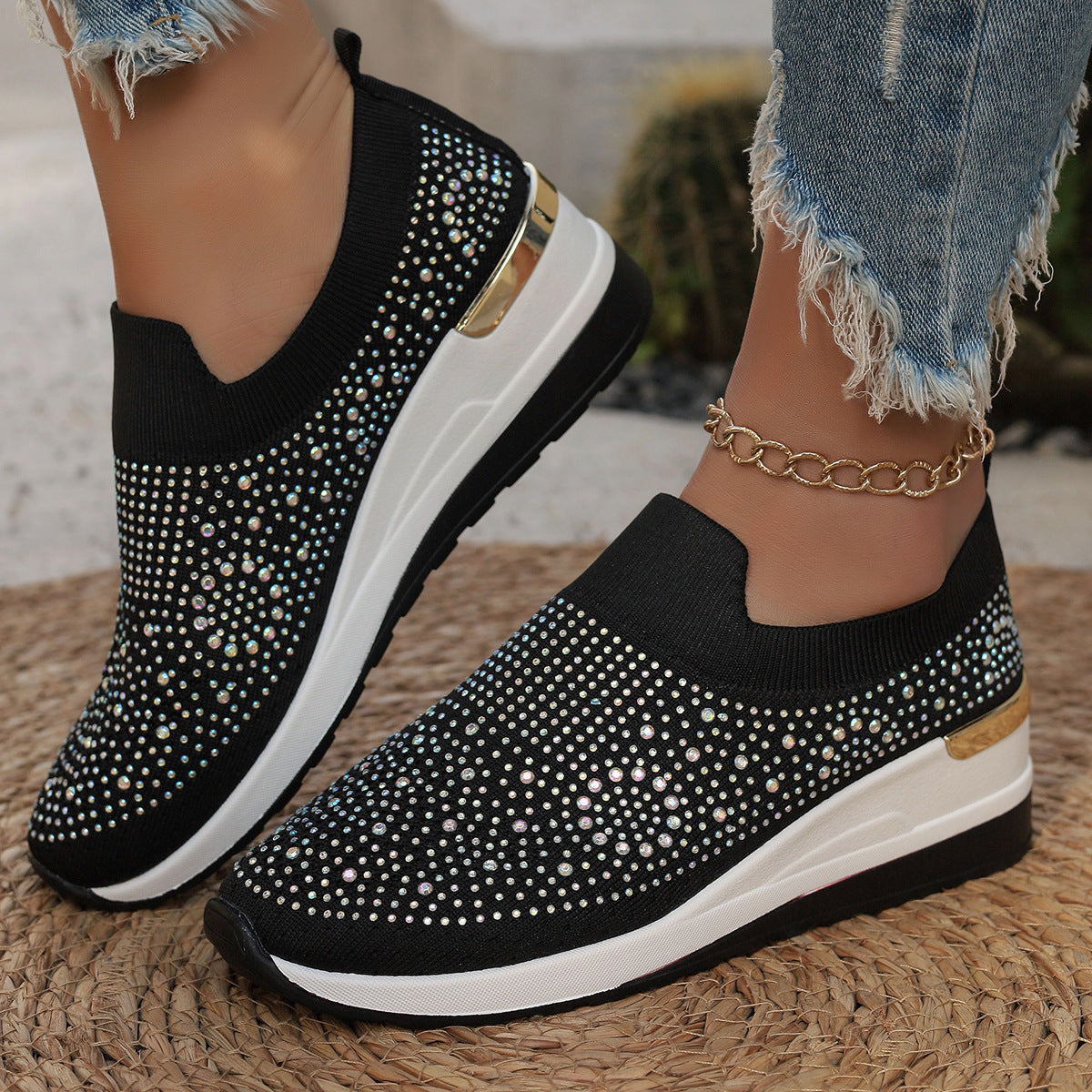 Baskets à enfiler en maille pour femme, avec bordure en strass, ouverture élastique et semelle compensée rembourrée