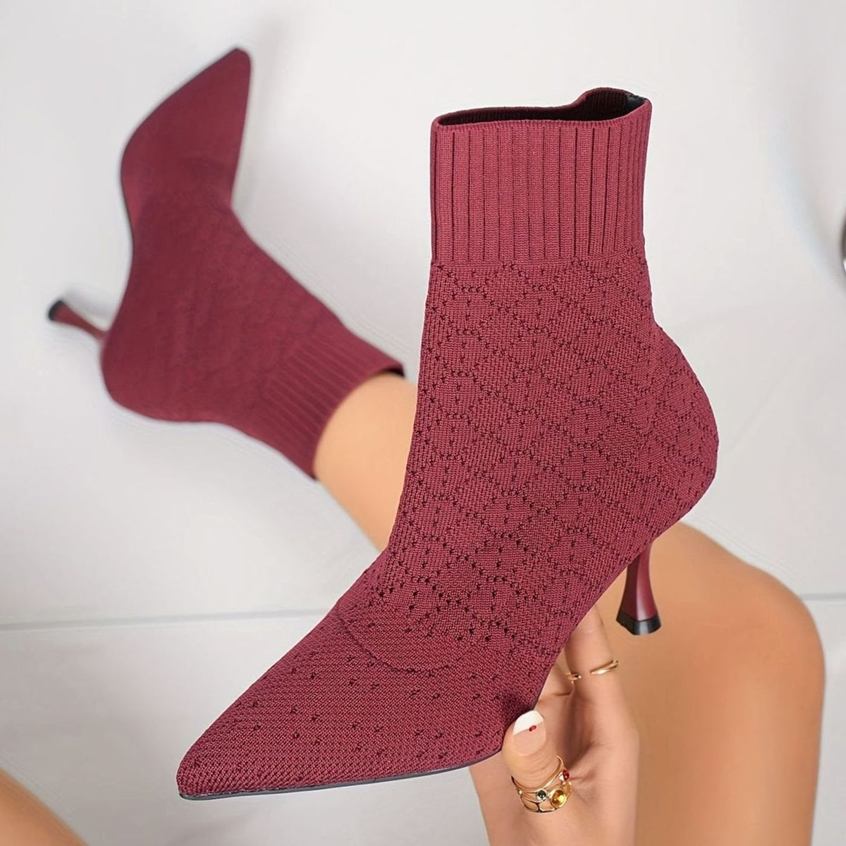 Women's Knit Sock-Style Pointed-Toe Stiletto Ankle Boots