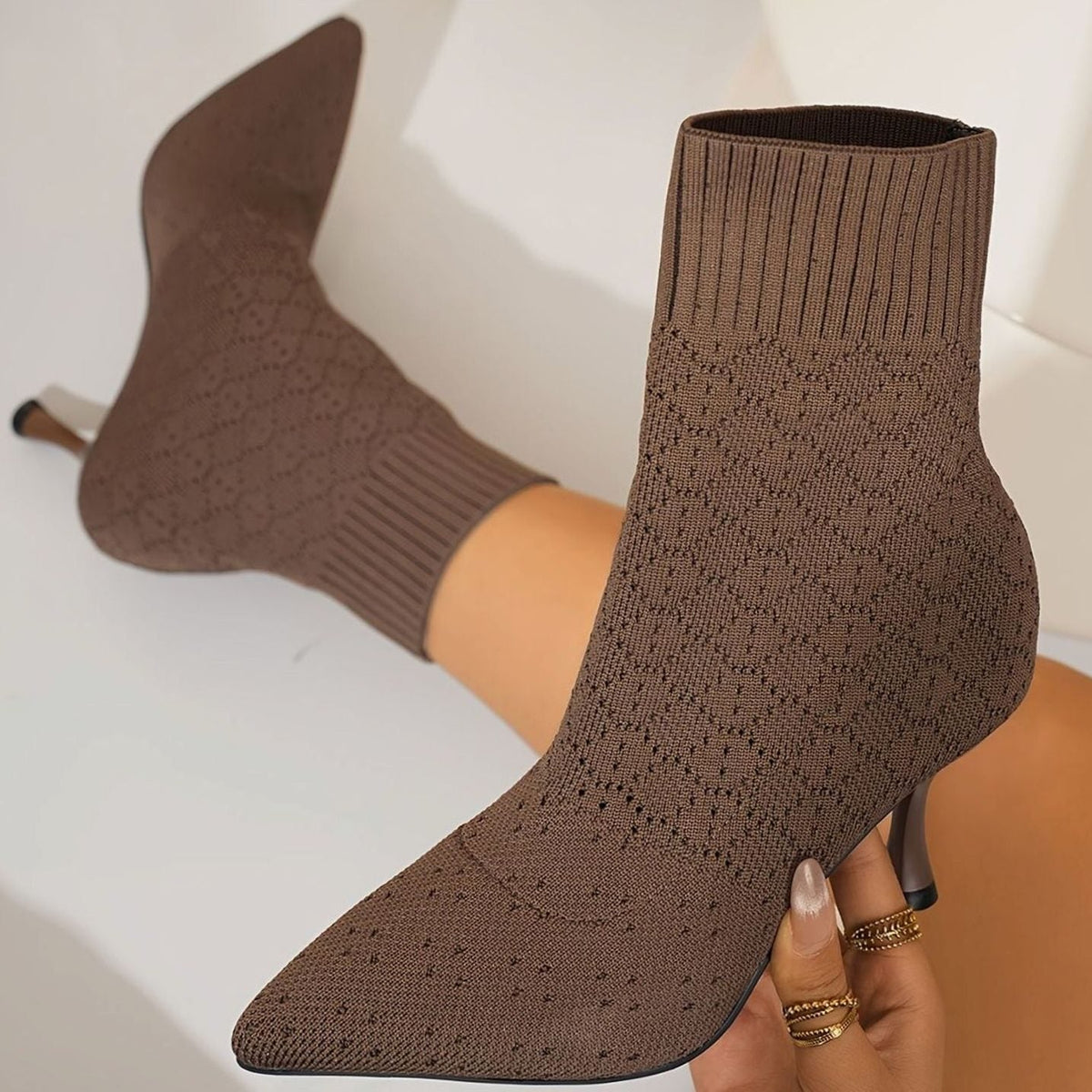 Women's Knit Sock-Style Pointed-Toe Stiletto Ankle Boots