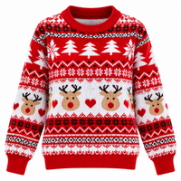 Women's Knitted Christmas Sweater with Reindeer Pattern, Relaxed Fit, Crew Neck, Long Sleeves and Ribbed Cuffs