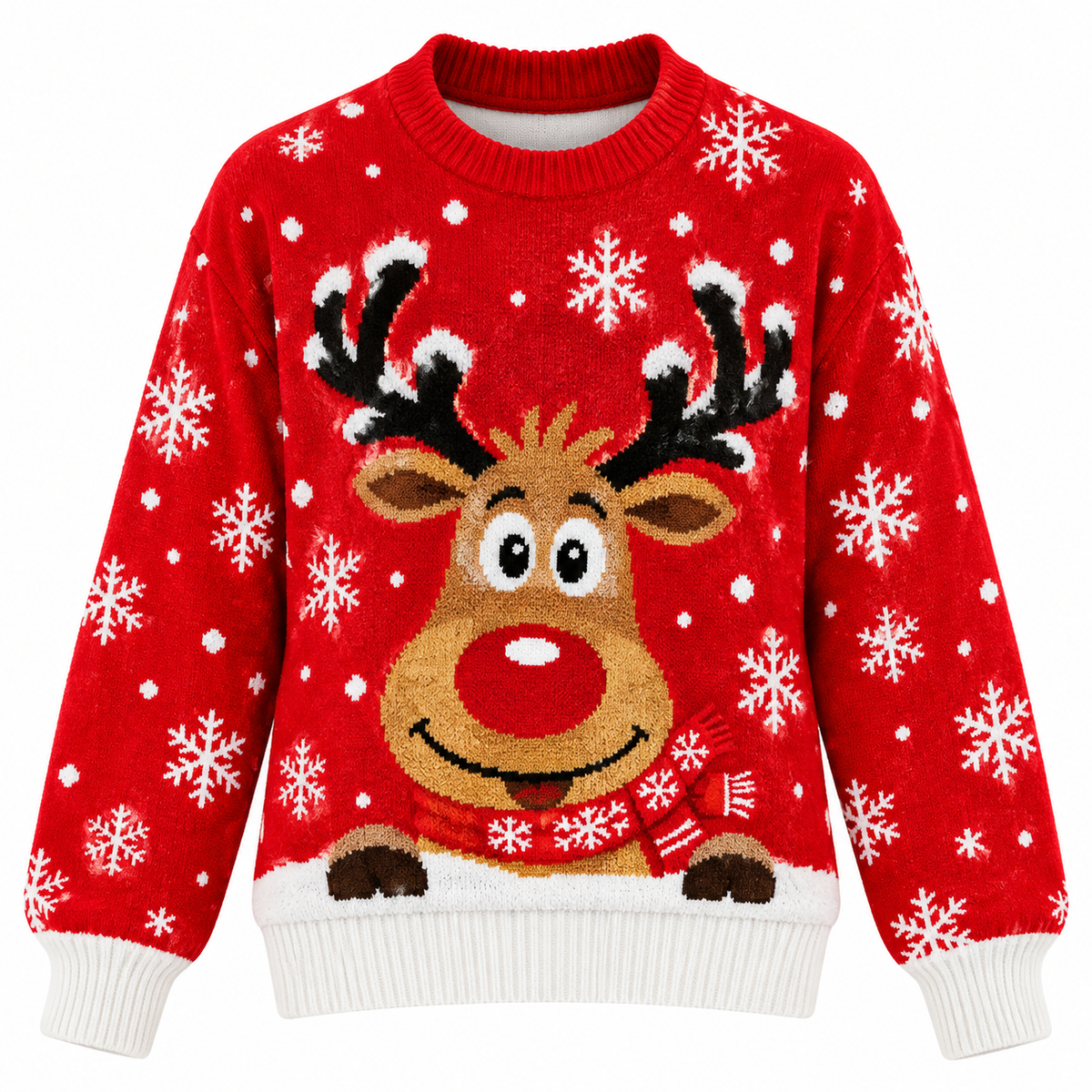 Women's Knitted Christmas Sweater with Reindeer Pattern, Relaxed Fit, Crew Neck, Long Sleeves and Ribbed Cuffs