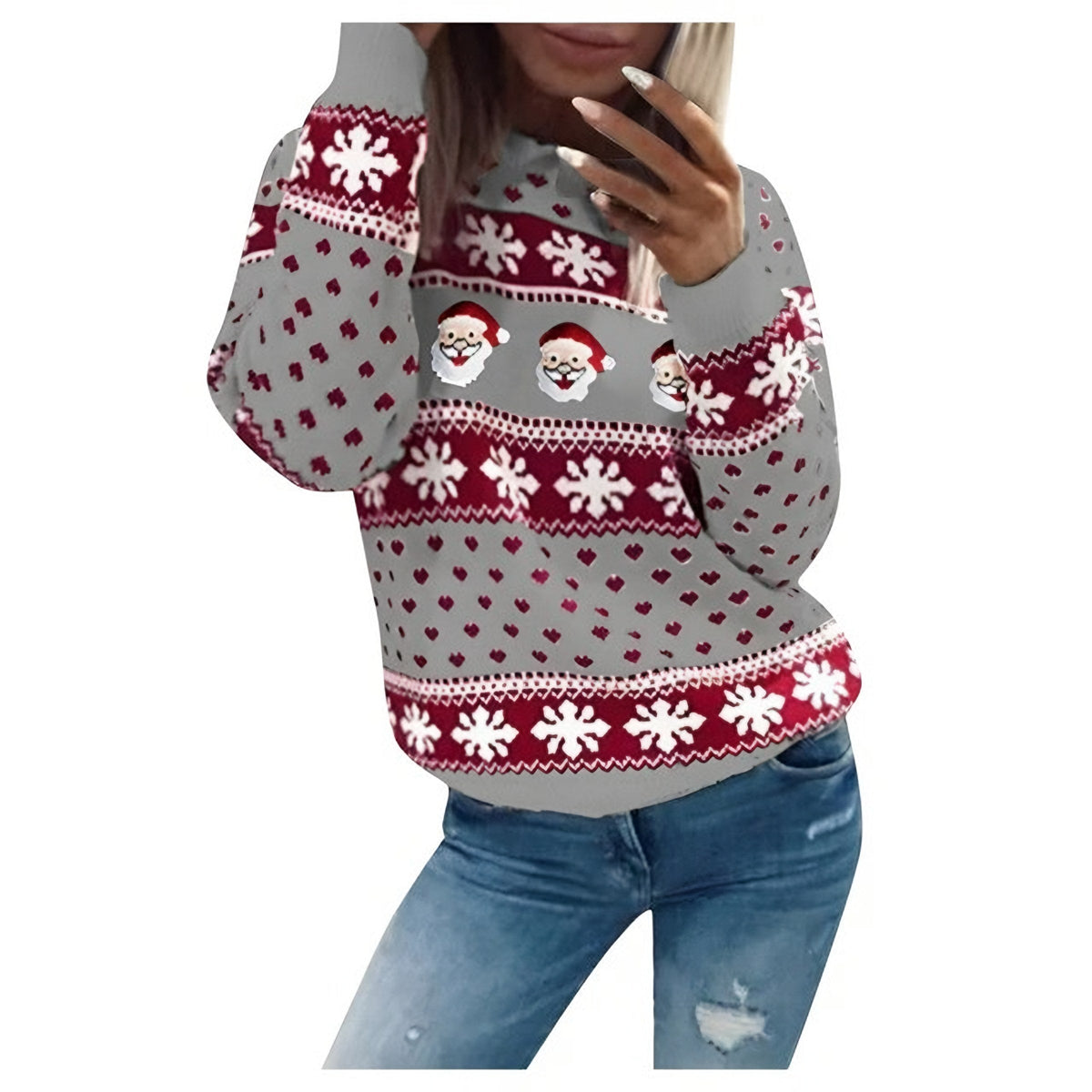 Women's Knitted Christmas Sweater with Santa Print