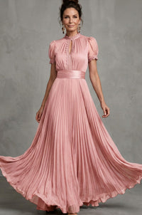Women's Lace-Trim Puff-Sleeve Pleated Maxi Dress